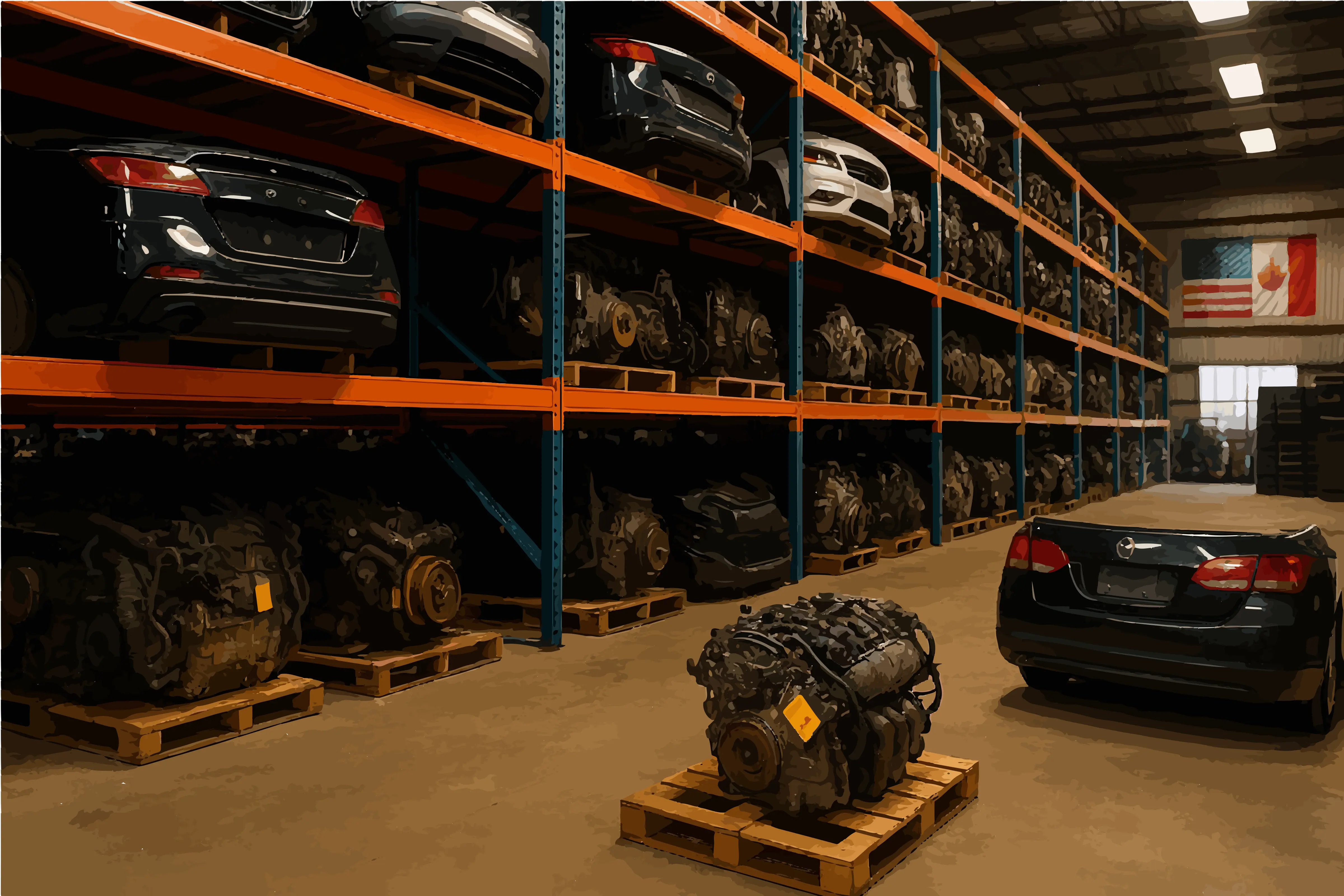 Warehouse and parts illustration